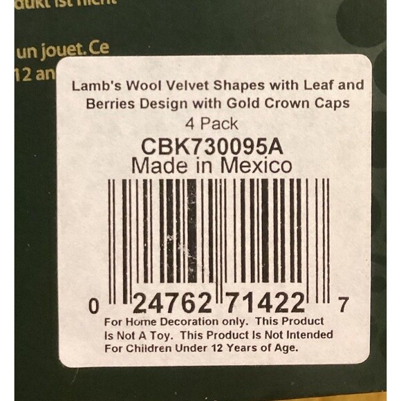 Krebs Christmas Glass Ornaments Lambs Wool Velvet With Leaf & Berries Design 12 - Picture 5 of 7